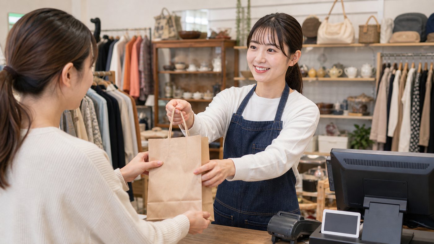 リユースショップで販売やレジ接客をする作業のイメージ