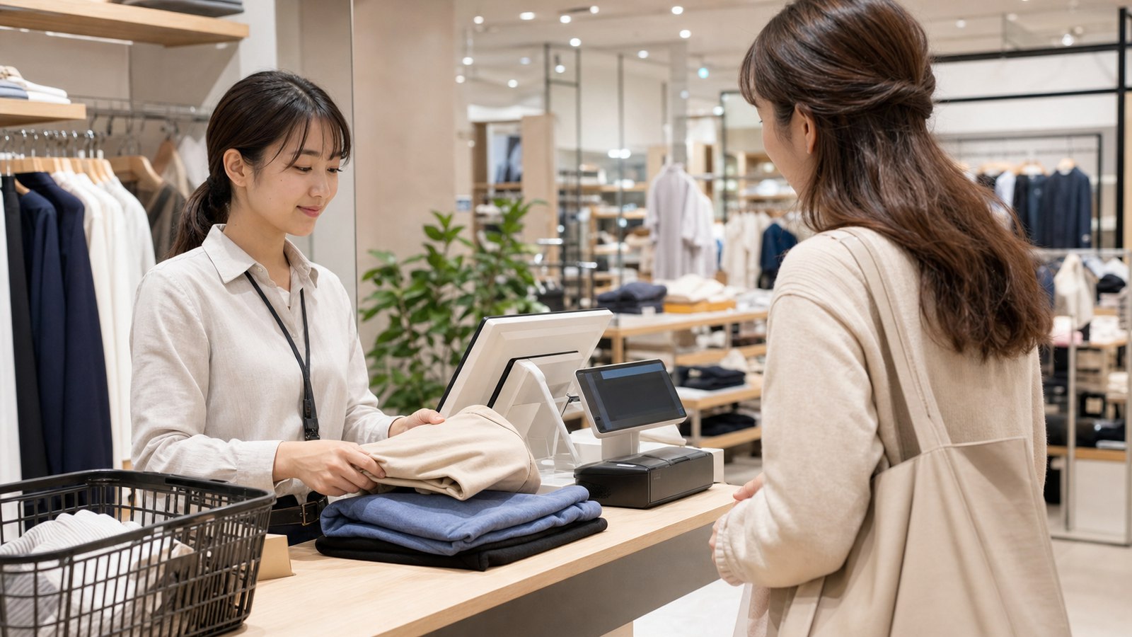 しまむらバイトでレジ接客をする衣料品店スタッフのイメージ