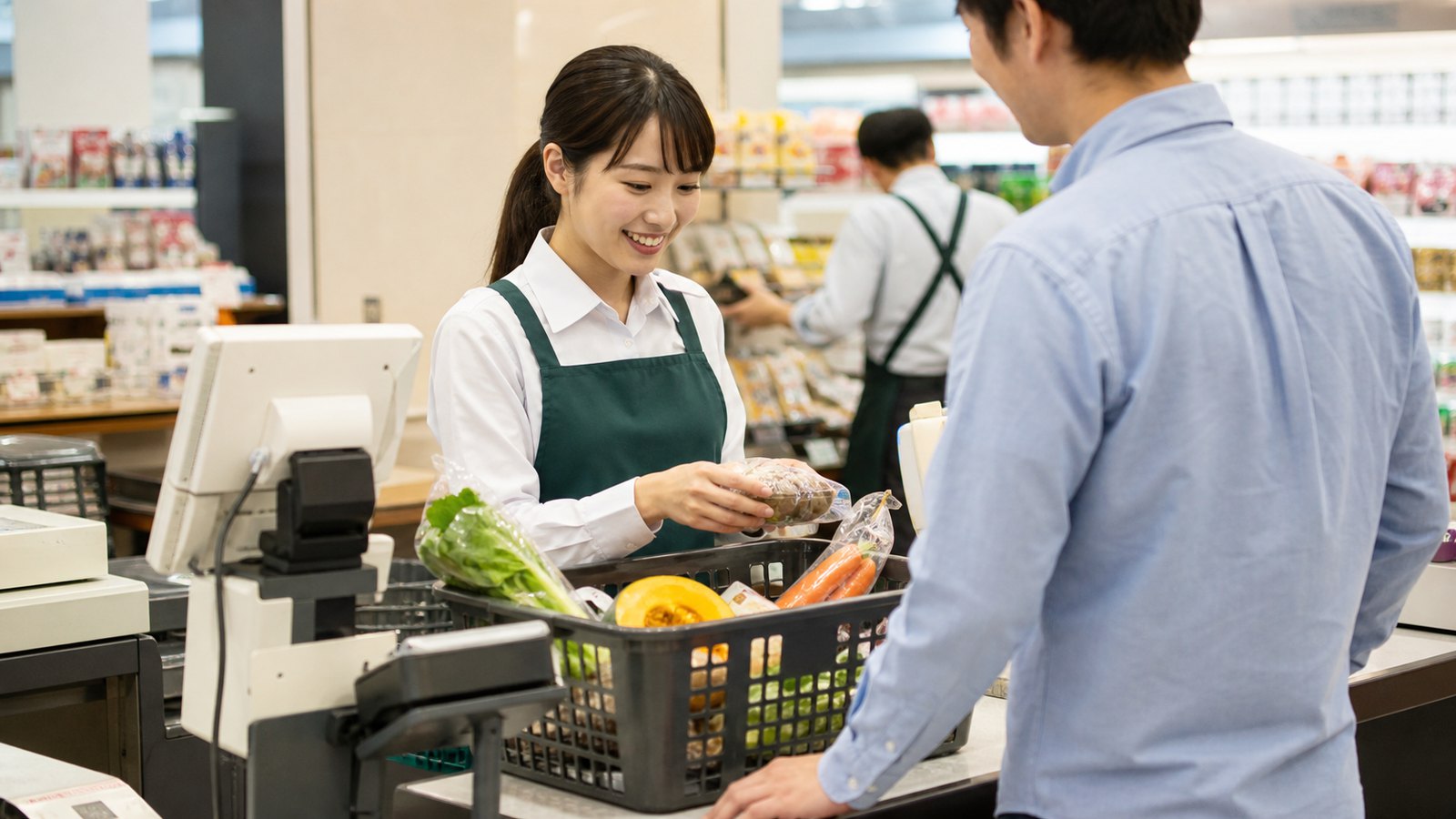 トライアルバイトでレジ接客をするスーパー店舗スタッフのイメージ