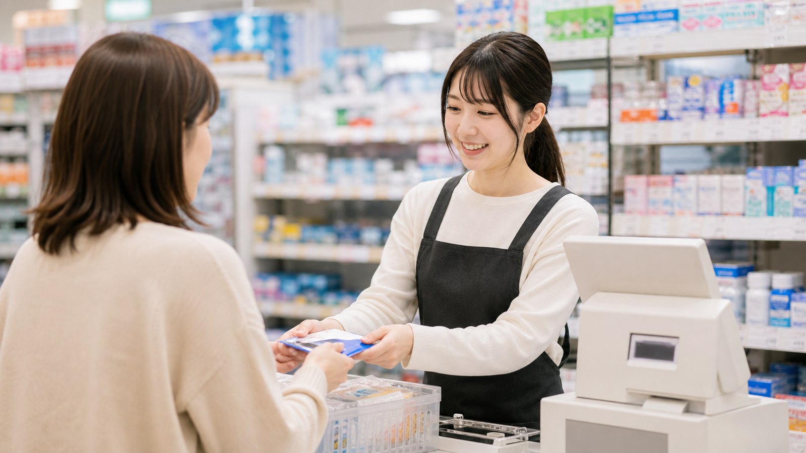 ドラッグストアの販売スタッフが接客する作業のイメージ