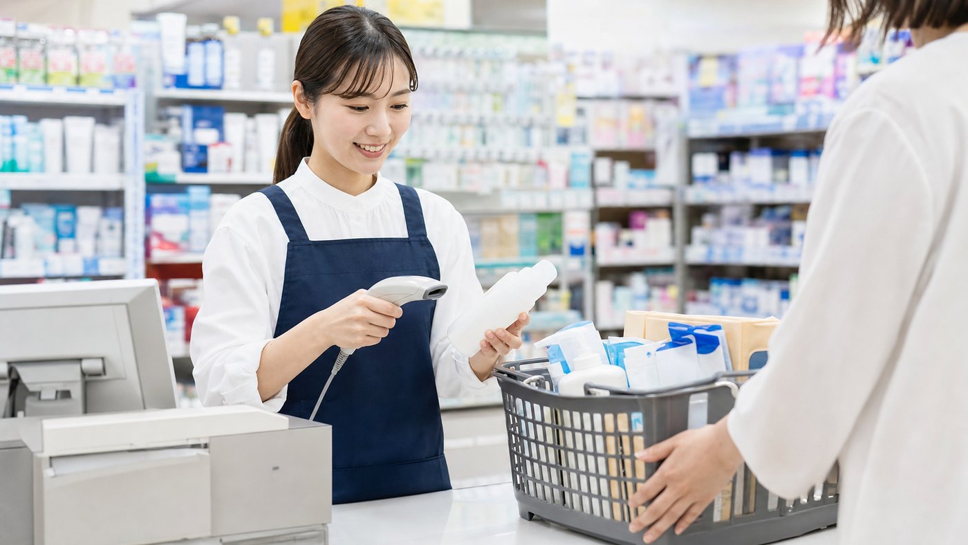 コスモスバイトでレジ接客や商品確認をするイメージ