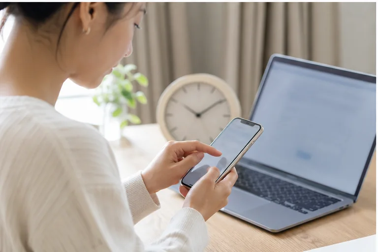 時計を見ながら新しい認証コードを再発行する女性
