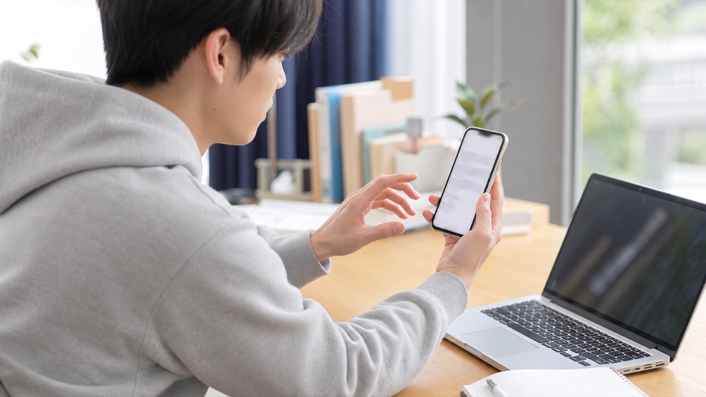 大学生が怪しいスマホ副業の誘いを避けるために確認する様子