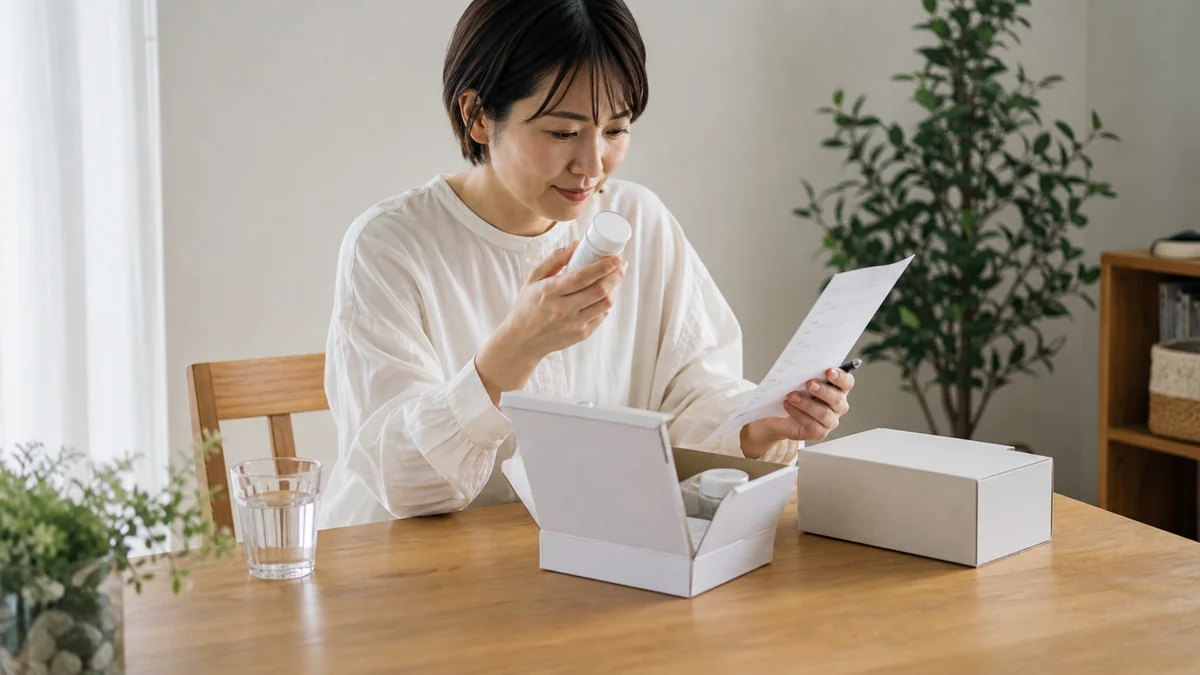 サンプル調査の商品と返却条件を確認する女性