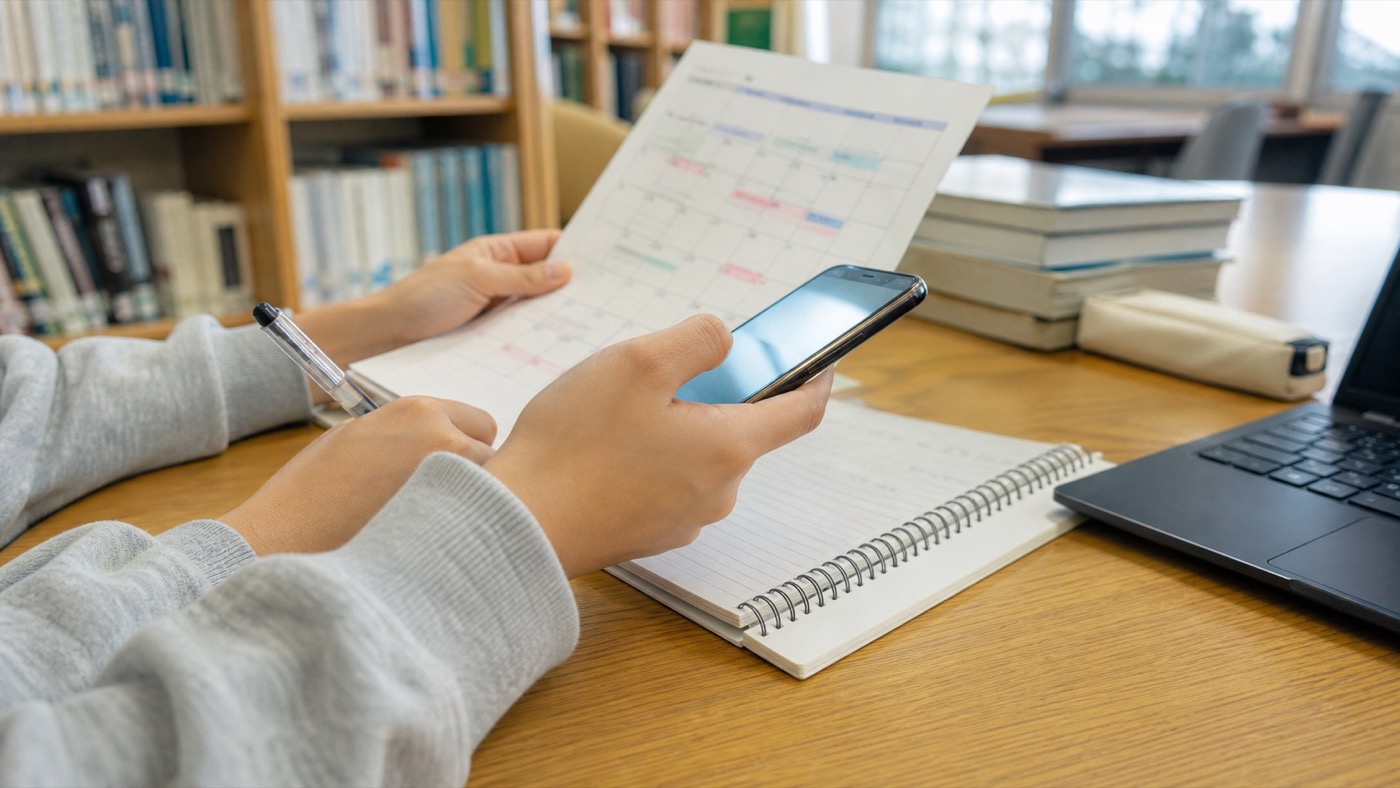 大学生が授業予定とスマホ作業の時間を確認する様子