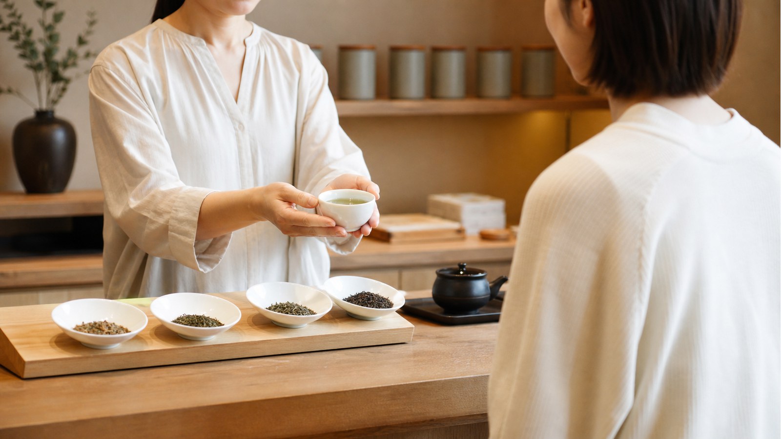 ルピシアのバイトでお茶を案内する接客作業のイメージ