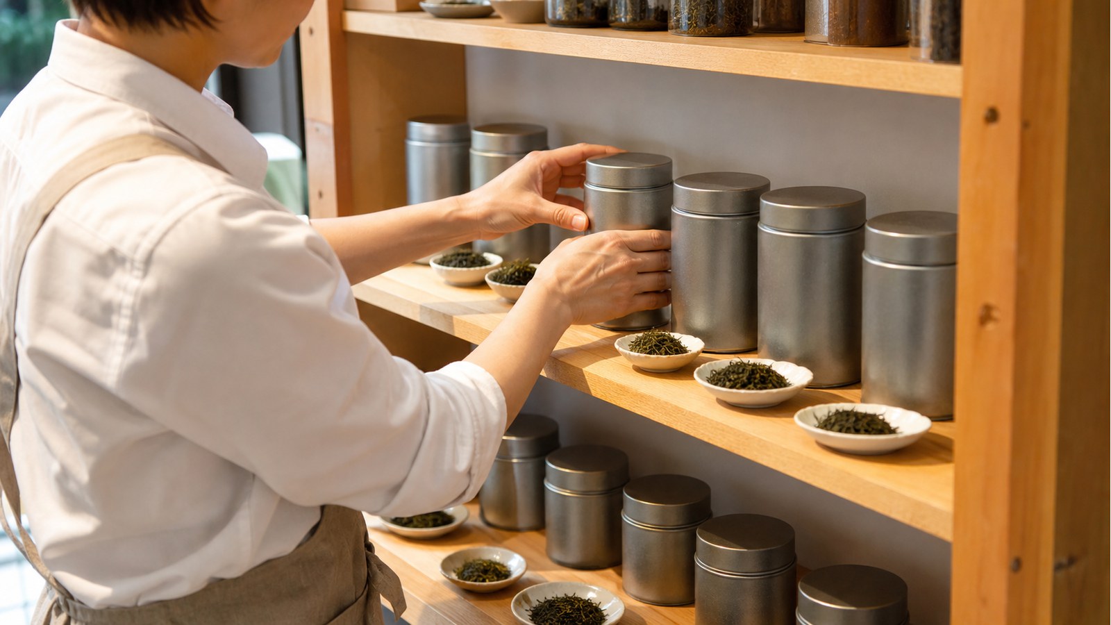 ルピシアのバイトでお茶の商品棚を整える作業のイメージ