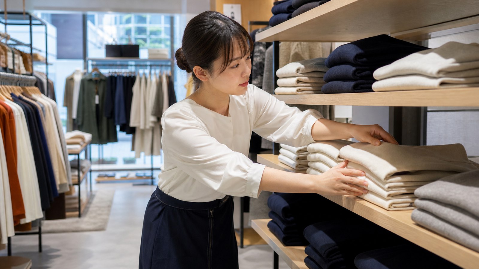 しまむらバイトで衣料品を品出しして売場を整えるスタッフのイメージ