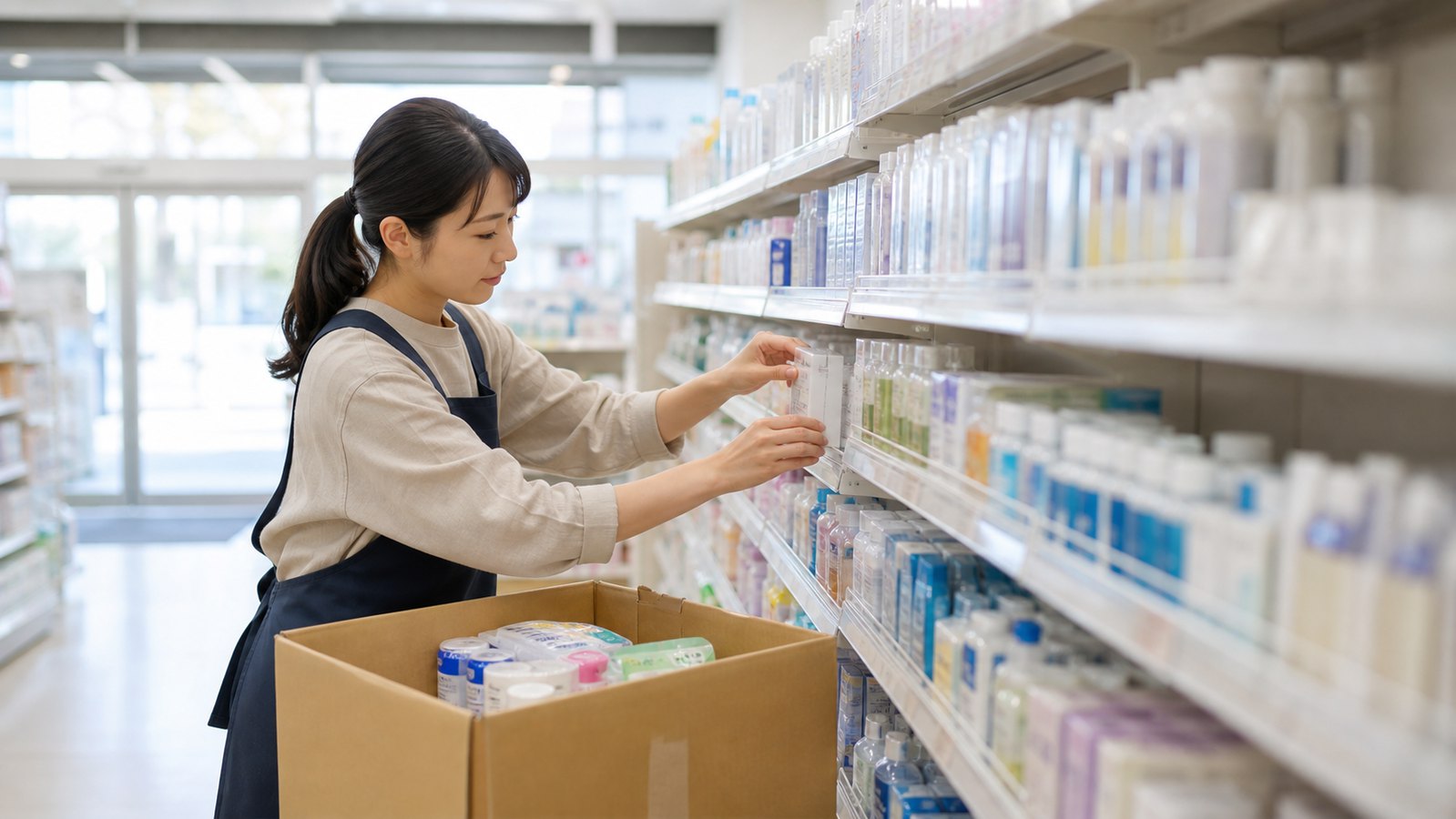 ドラッグストアで商品補充や売場作業をするイメージ