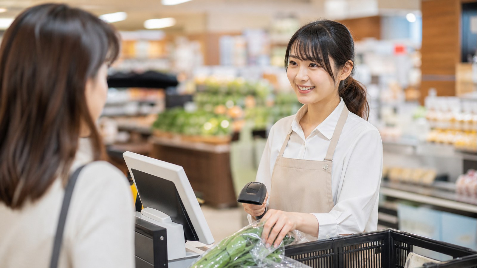 スーパー バイトがきついか応募前にレジ接客を確認するスタッフのイメージ