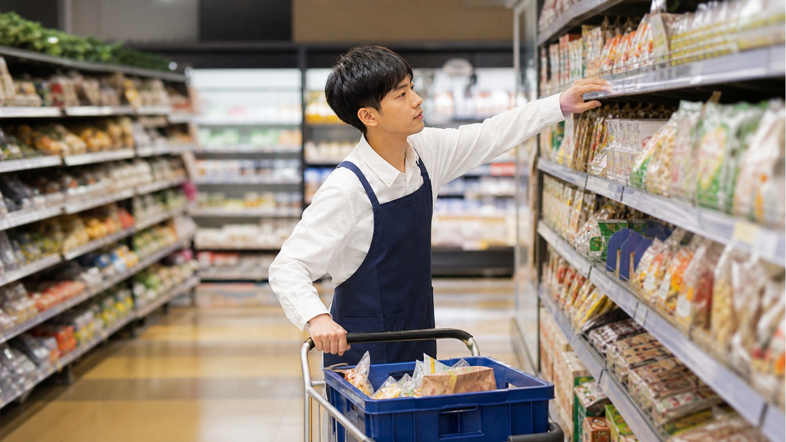 スーパー バイトで売り場の商品を品出しするスタッフのイメージ