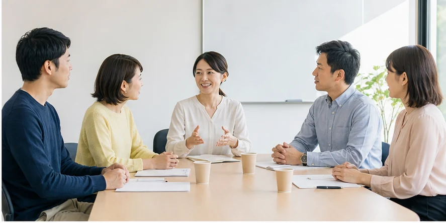 少人数の座談会で司会者と参加者が話す様子