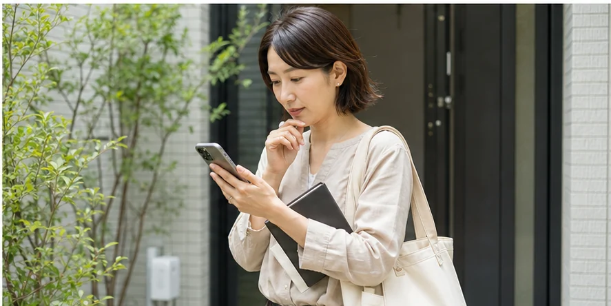 座談会の会場へ向かう前に地図と予定を確認する女性