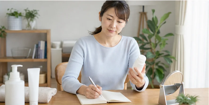 自宅でサンプル商品を確認しながら記録する女性