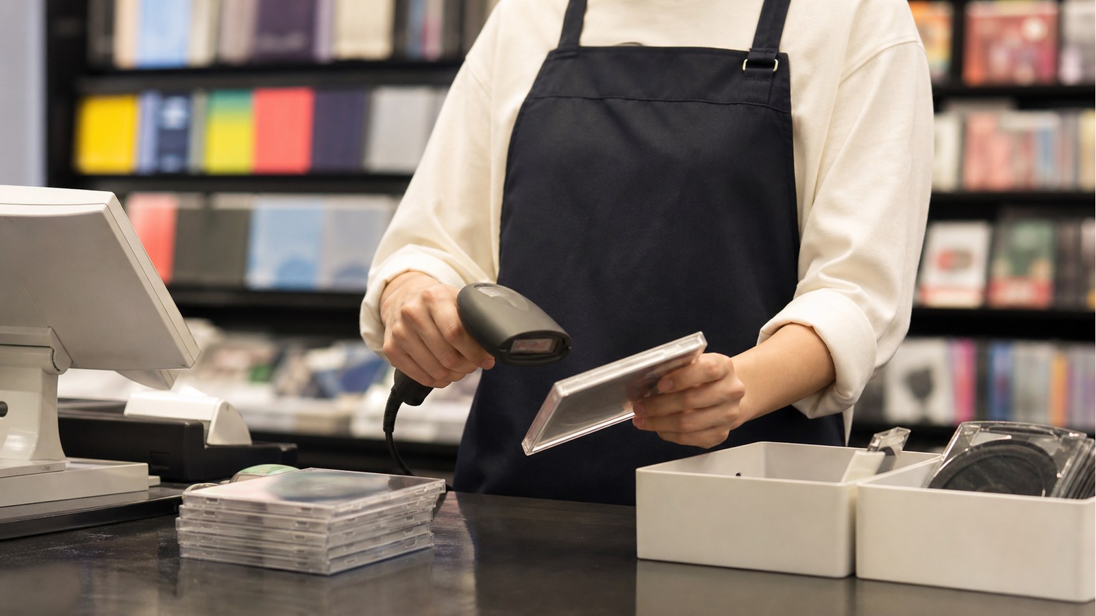 タワレコバイトでレジ対応と商品スキャンをするイメージ