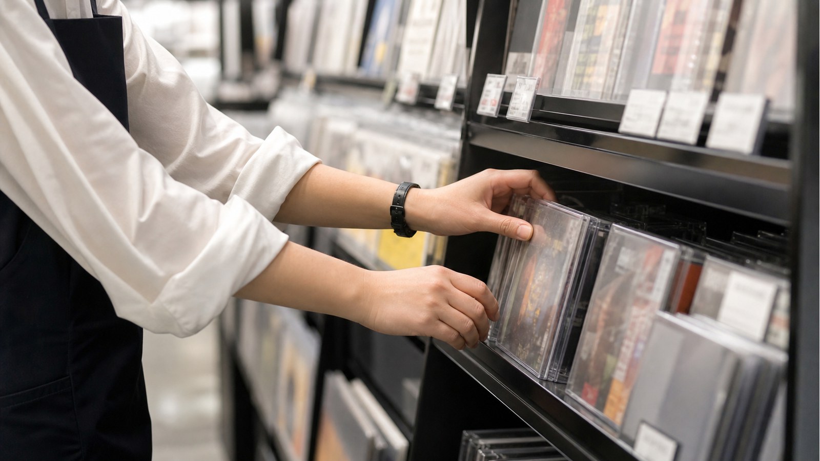 タワレコバイトでCDやレコード棚を整理するスタッフのイメージ