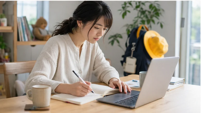 在宅ワークの連絡時間を確認する様子