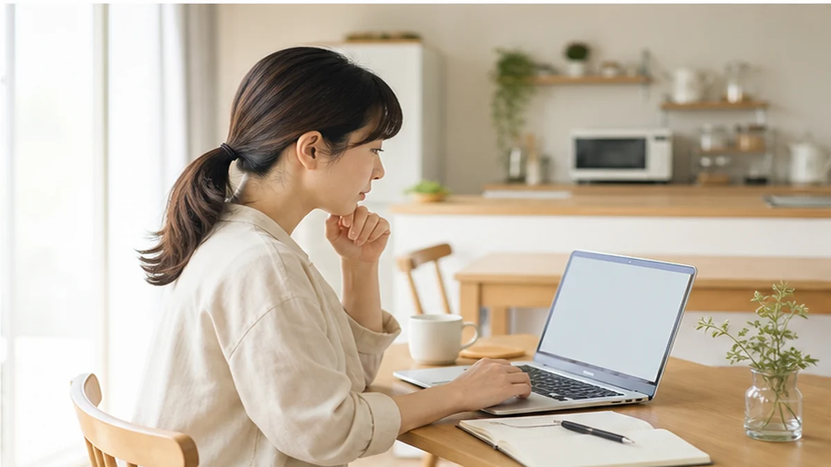 在宅ワークの条件を自宅で確認する主婦