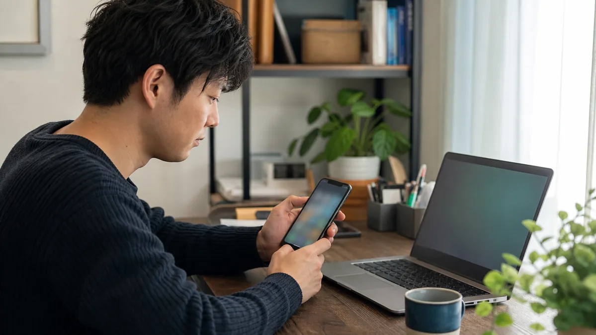 Androidスマートフォンの対応環境を確認する男性