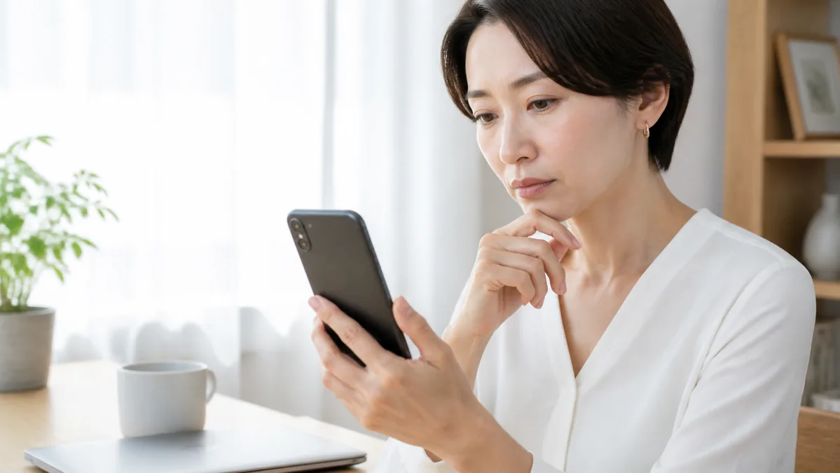 スマートフォンで削除前の確認をする女性