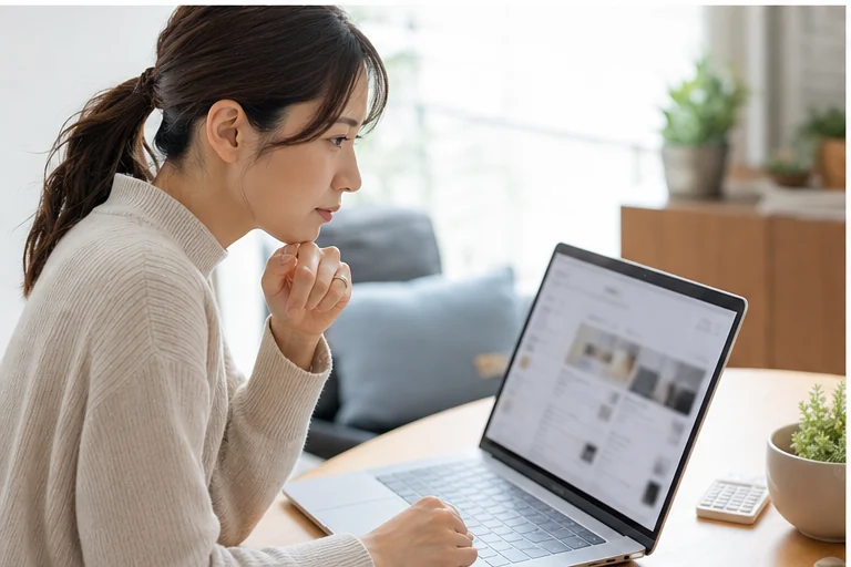 個人情報を送る前に在宅求人の企業情報を確認する女性