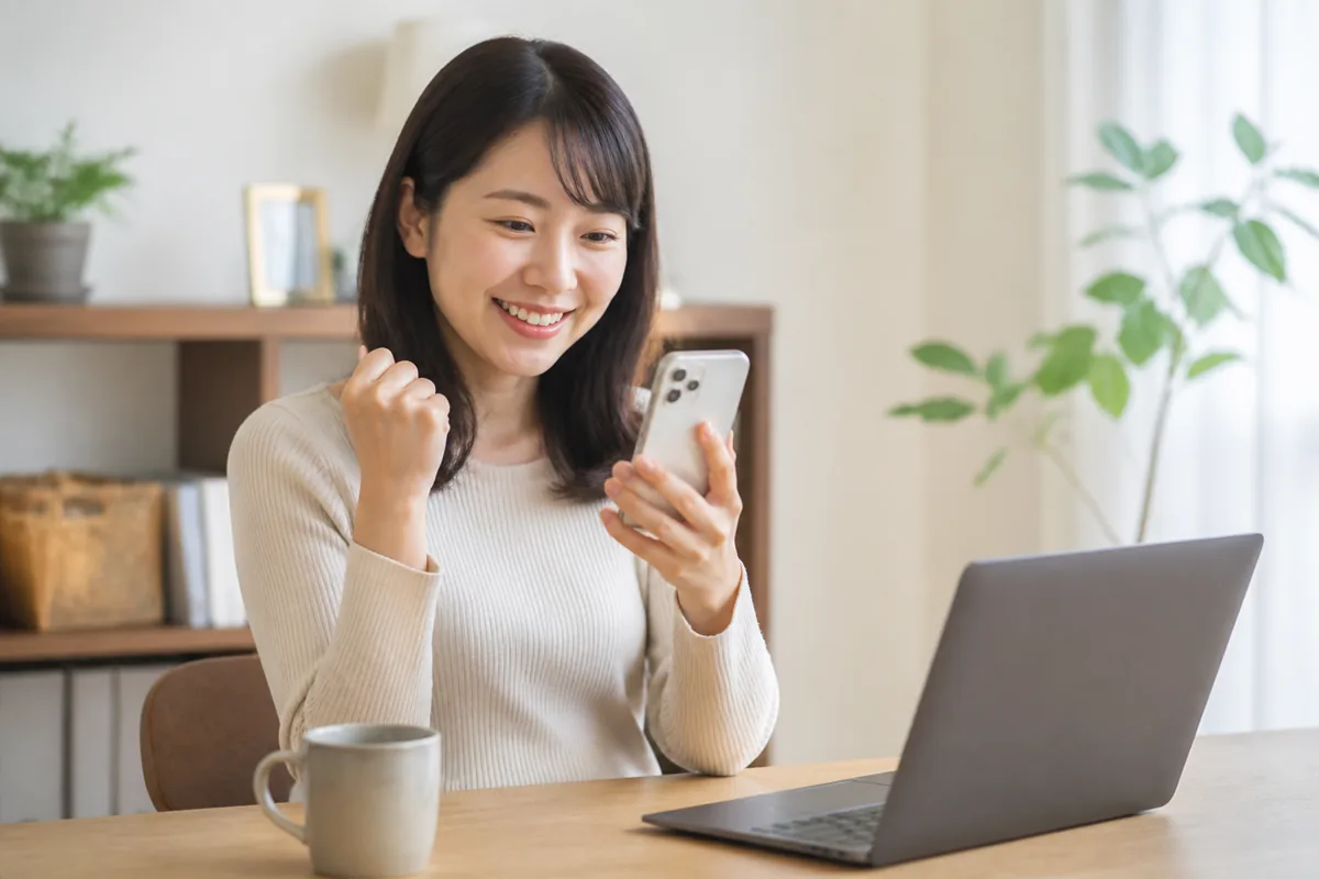 スマートフォンでアカウント連携完了を確認する女性