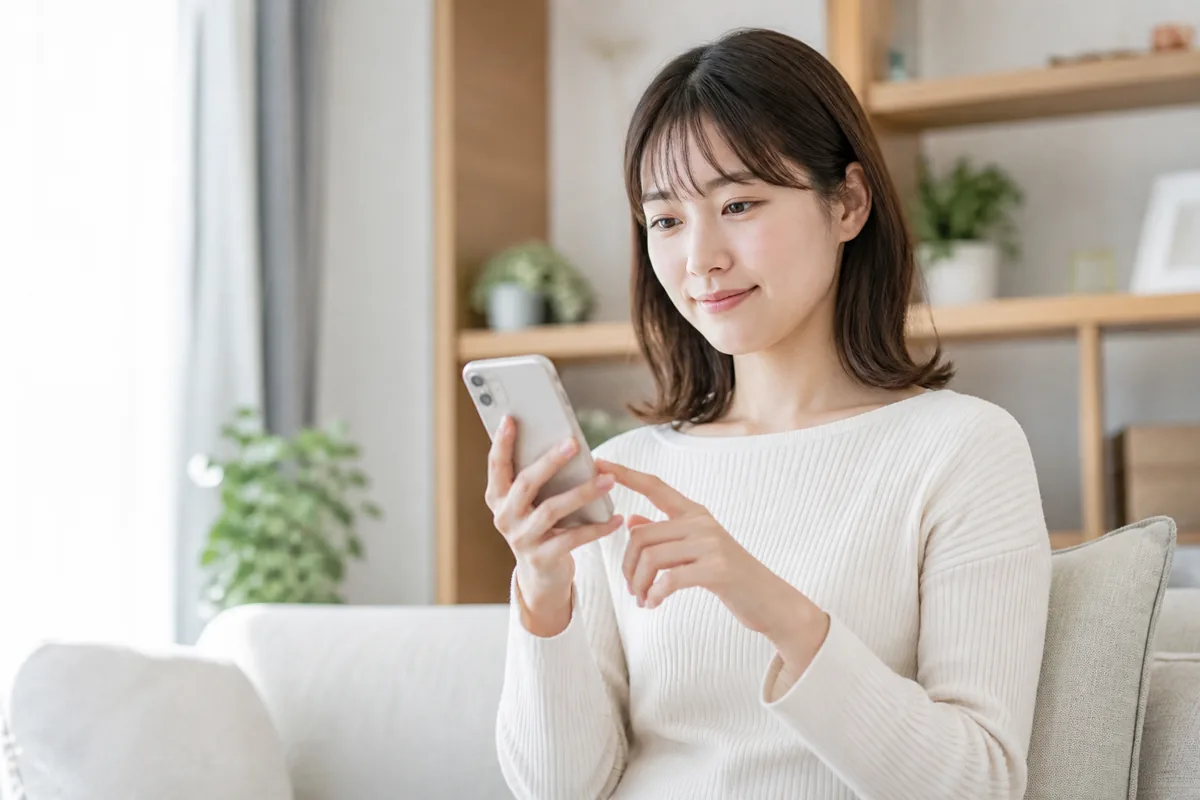 dポイント交換前に連携完了を確認する女性