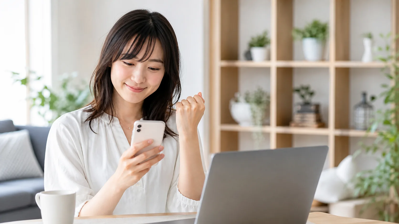 電話認証完了後にスマートフォンを確認する女性