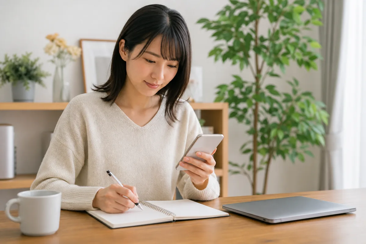 銀行口座情報を見直してノートに記録する女性