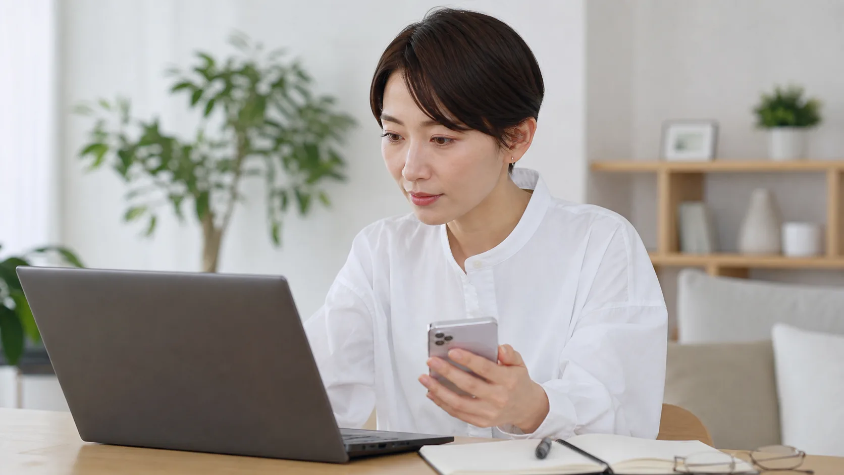 登録情報と電話番号を確認する女性