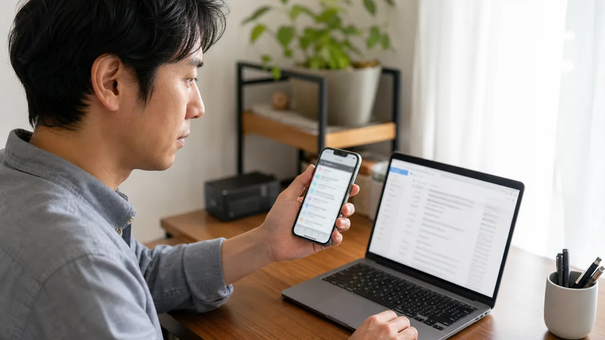 スマートフォン通知とメール受信を確認する男性