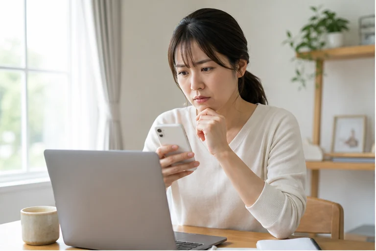 在宅求人の企業連絡メールを確認する女性