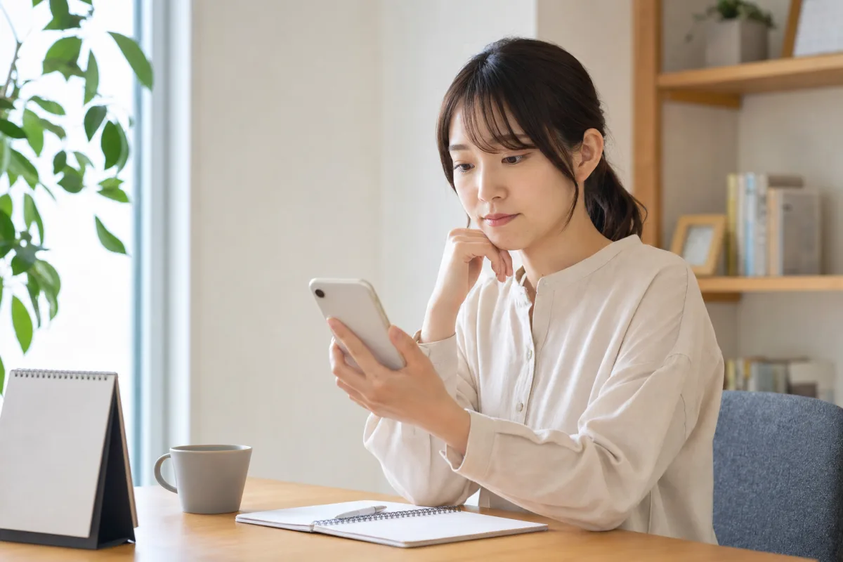 マクロミルのポイント交換状況をスマホで確認する女性