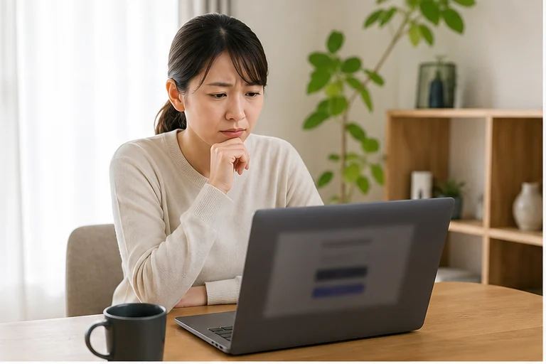 ママワークスへログインできずパスワードを確認する女性