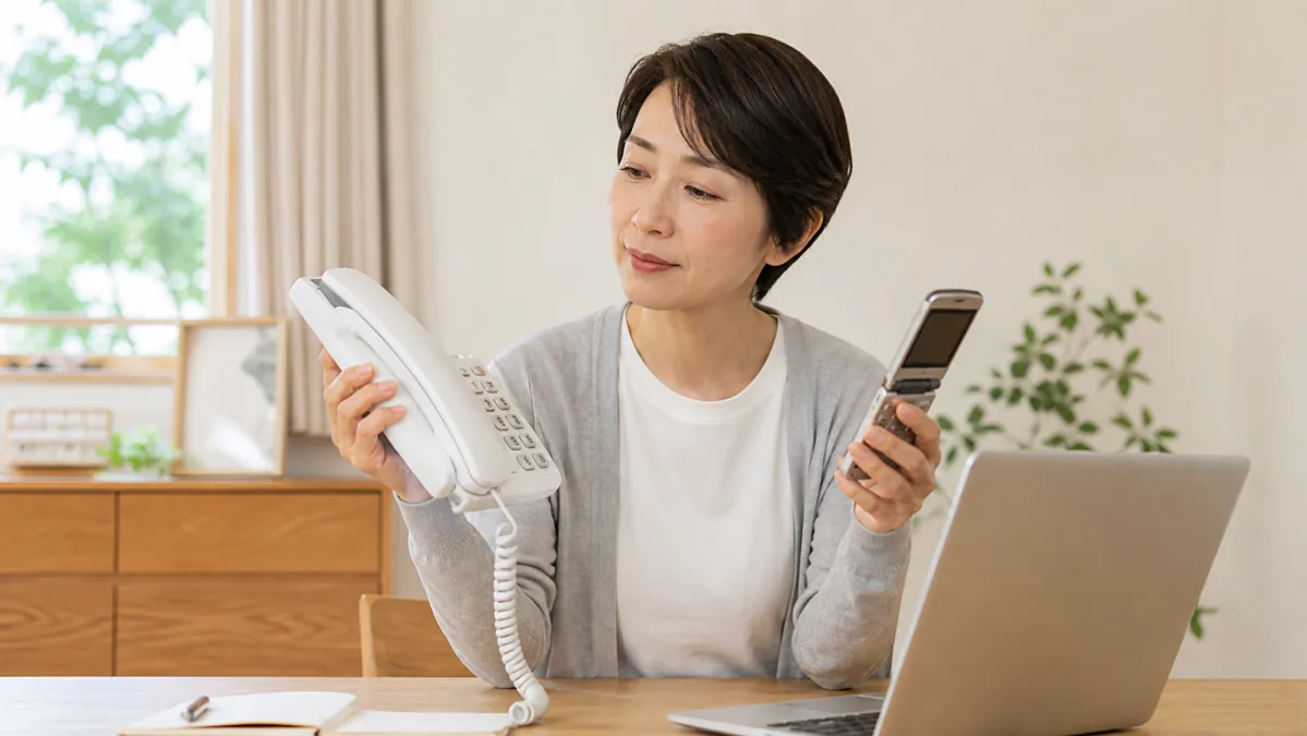 固定電話とガラケーを比較して電話認証を確認する女性