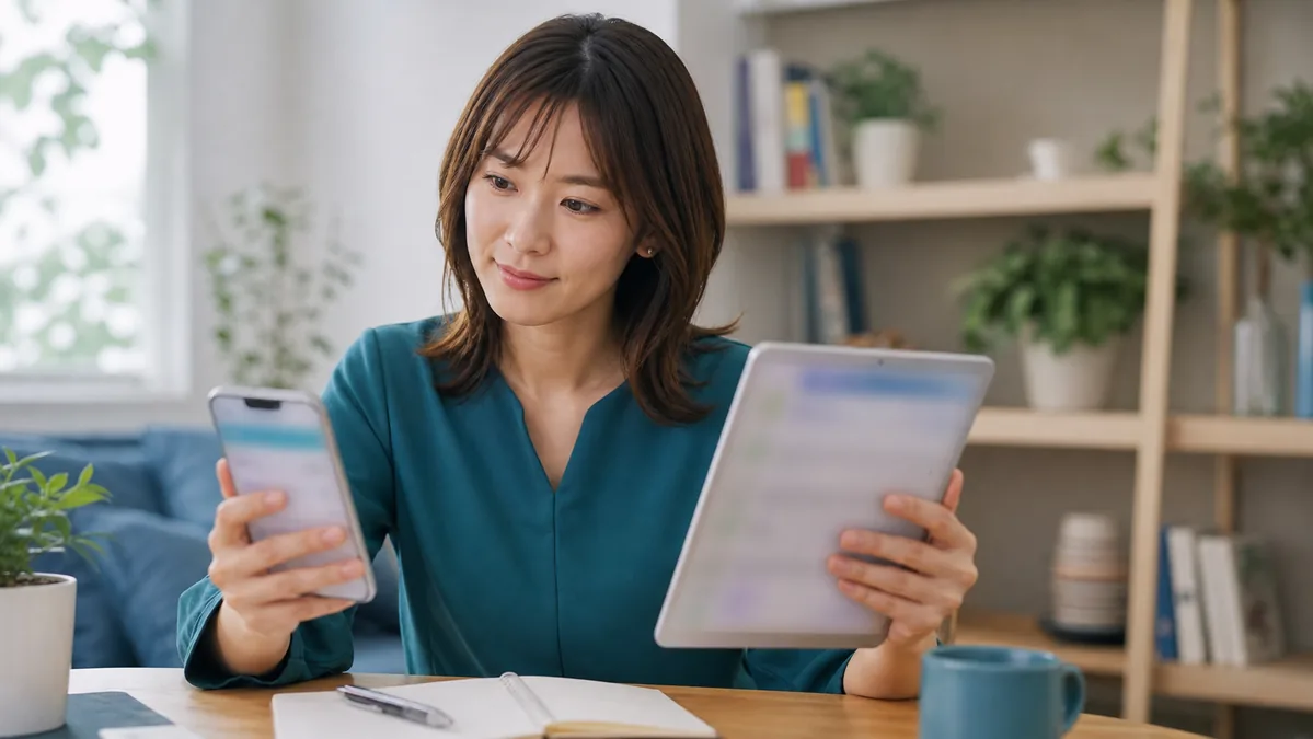スマートフォンとタブレットを比較してアプリの対応機種を確認する女性