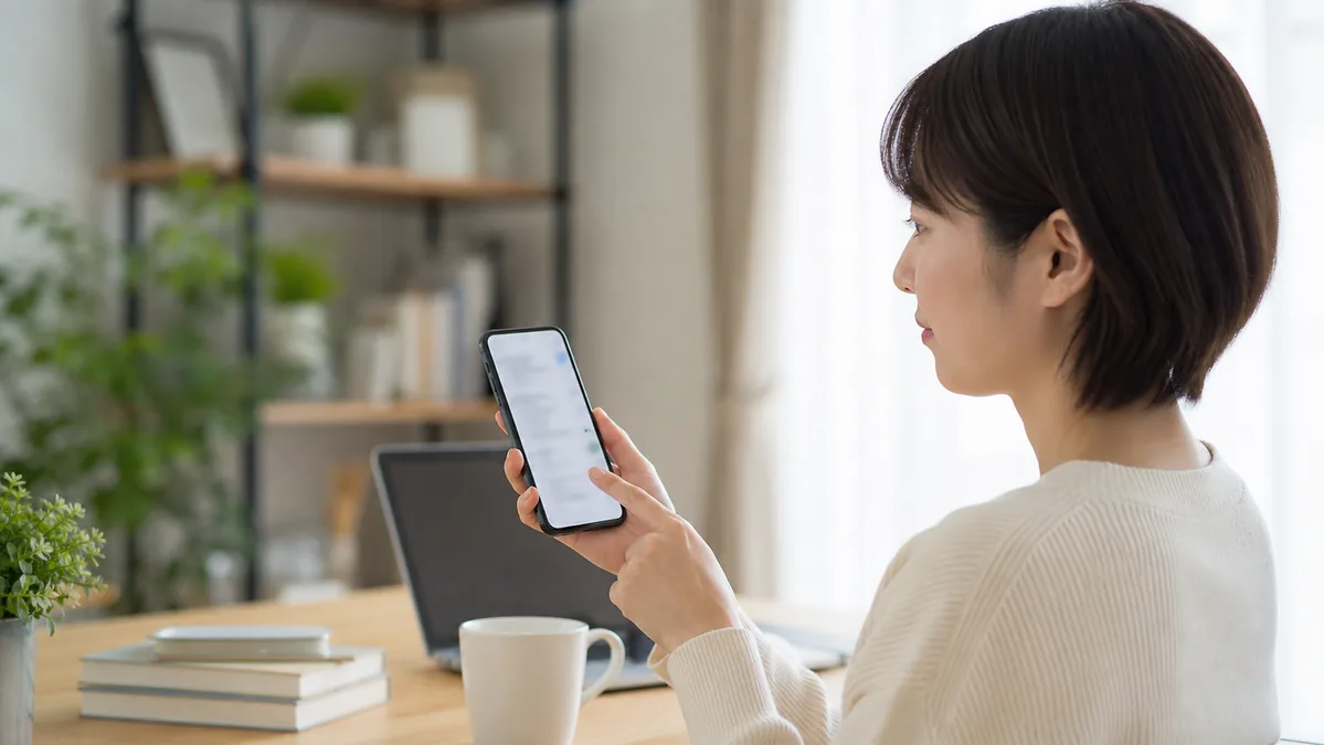 スマートフォンの通知設定を調整する女性