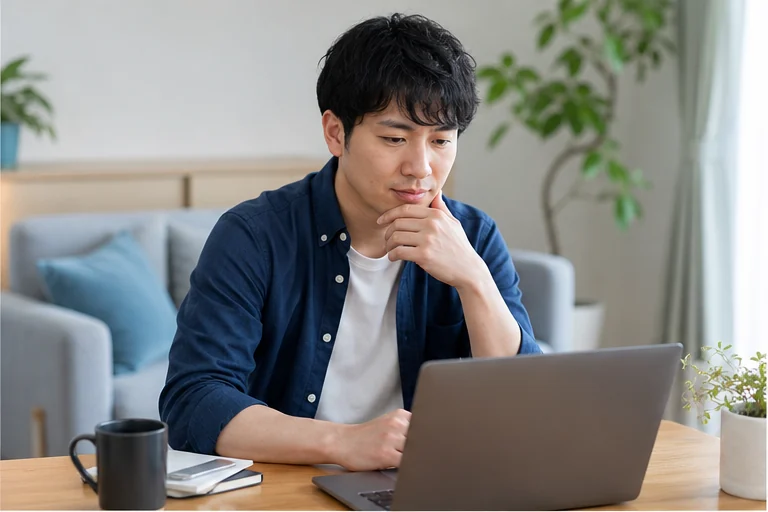 ママワークスで在宅求人を確認する男性