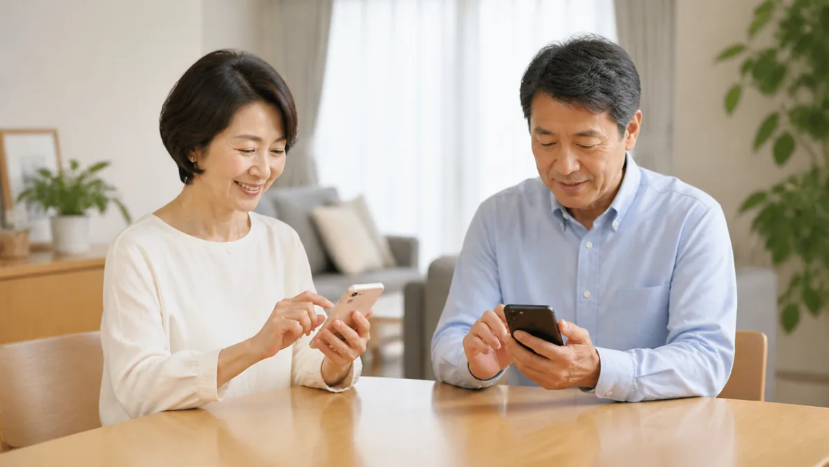 家族が別々のスマートフォンで登録条件を確認する様子