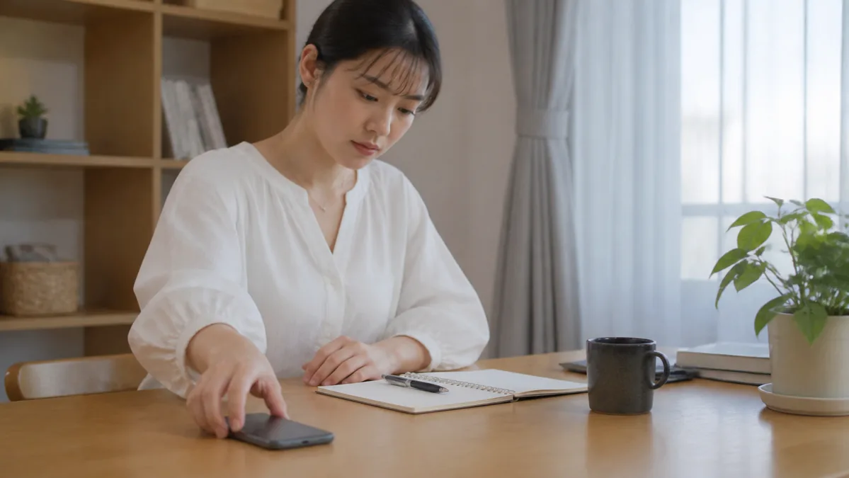 スマートフォンを伏せて作業に集中する女性