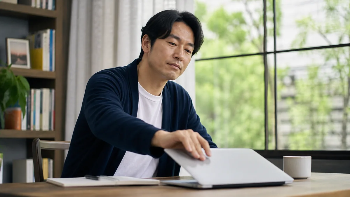 視聴制限を確認してパソコンを閉じる男性
