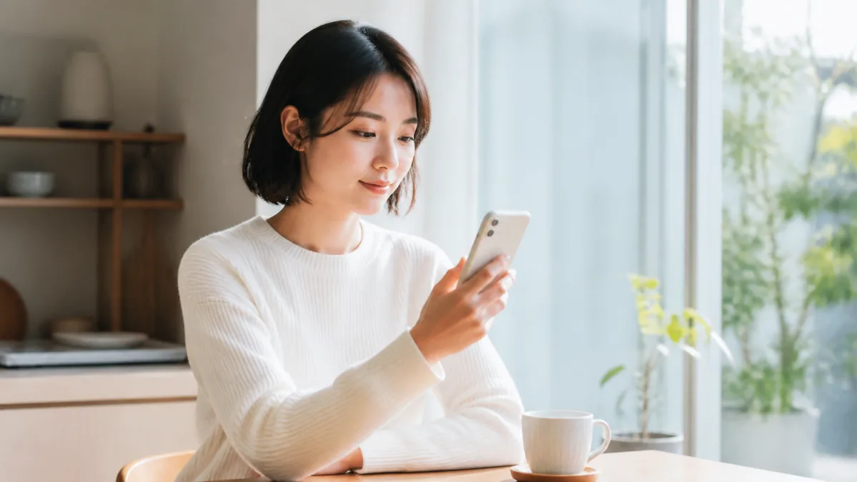 早朝にスマートフォンで更新状況を確認する女性