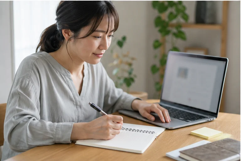 在宅ワーク応募後の企業返信をノートに整理する女性