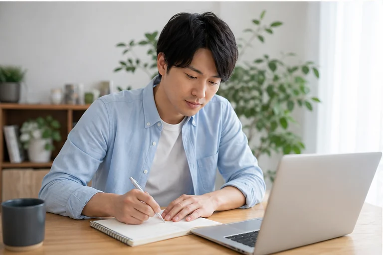 在宅ワーク応募前に職歴とスキルを整理する男性