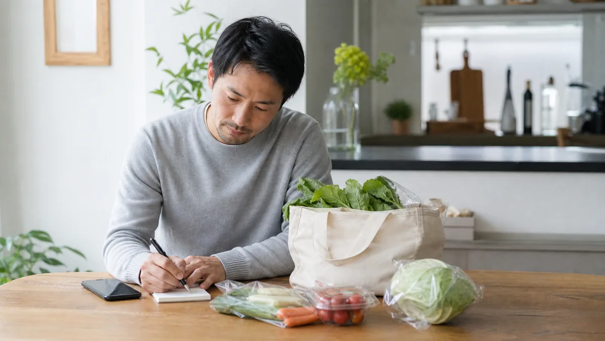 買った商品を整理しながら記録する男性