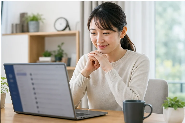 ログイン復旧後に企業からの連絡を確認する女性