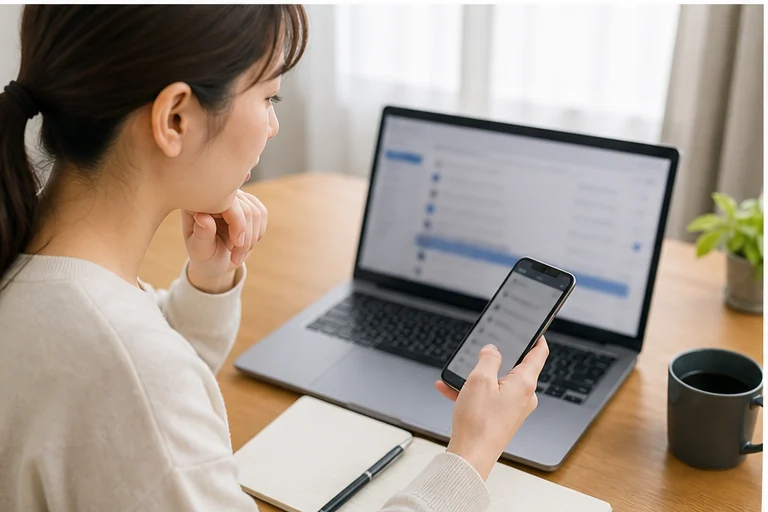 パスワード再発行メールをスマホとパソコンで確認する女性