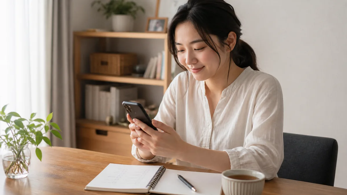 スマートフォンの復旧を確認する女性