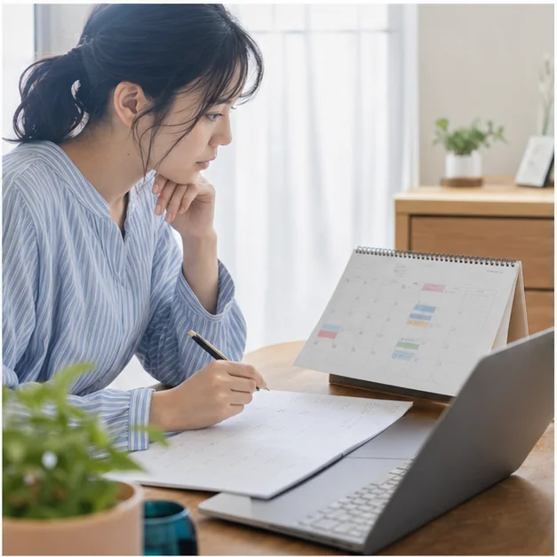 プロフィールへ書く稼働可能時間を整理する女性