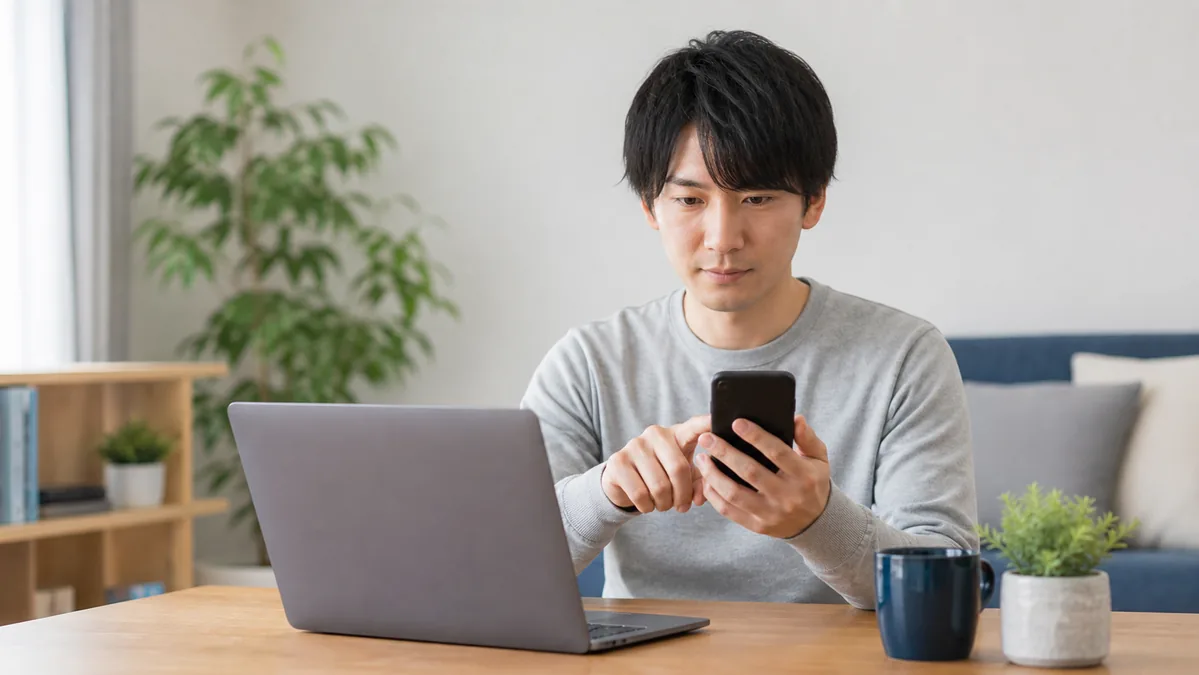 スマートフォンでアカウント設定を確認する男性